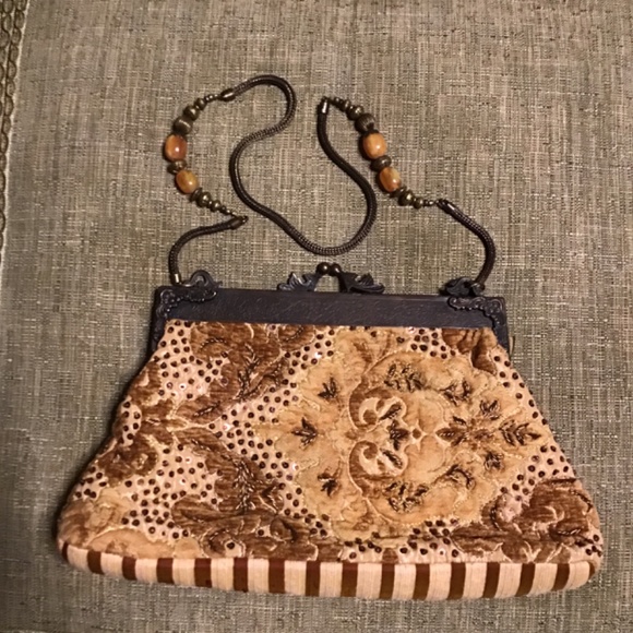 Hand made in India Purse velvet embroidered glass beads sequins Victorian brass - Picture 2 of 10